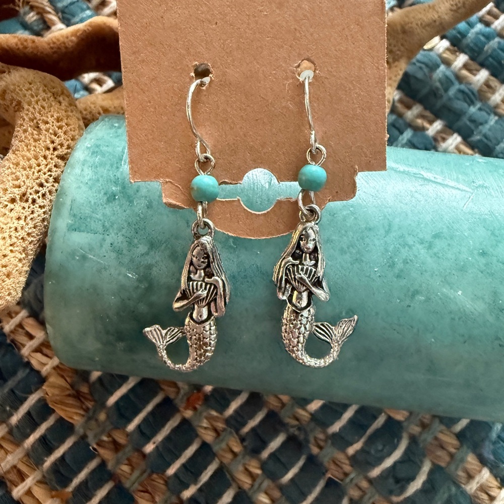 Silver Mermaid Earrings with Turquoise Accents